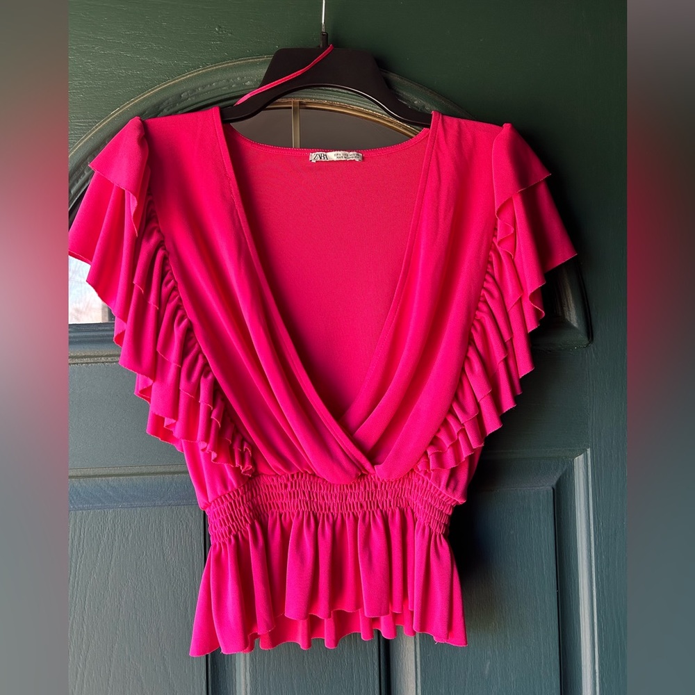 Never worn Zara Hot Pink Ruffle V Neck Blouse